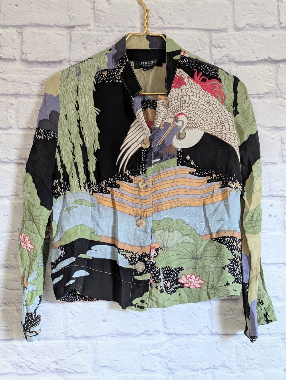 Citron Santa Monica Silk Crane Print Top XS Art to Wear Boho Button Down Shirt